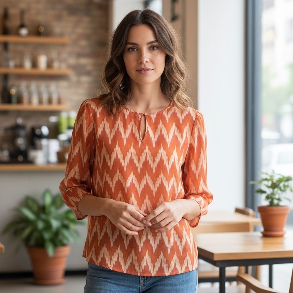 Vilagallo sz 42 silk blouse pink orange chevron design sz medium top SH383